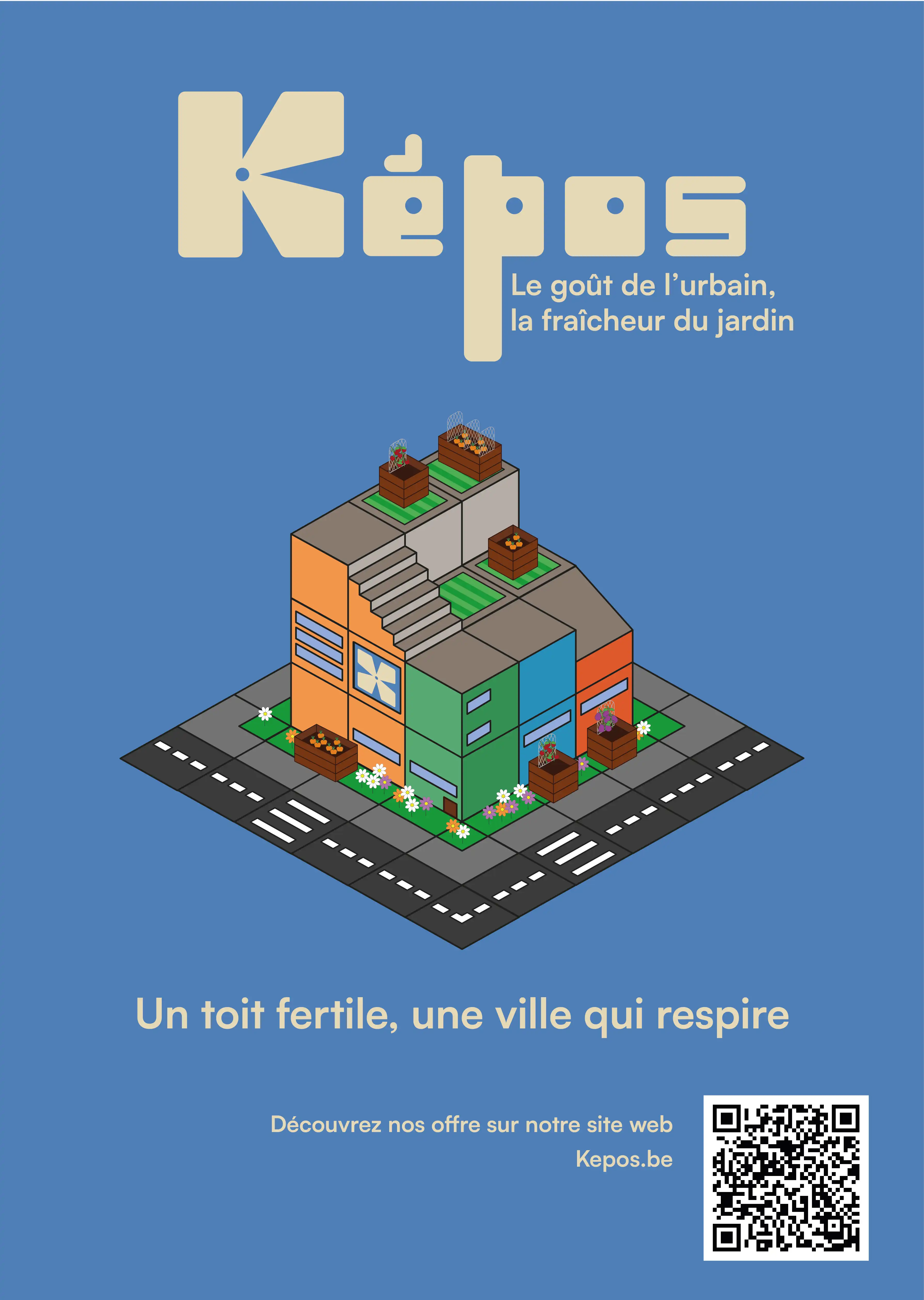 affiche Képos montrant un batiment en 3D isometrique coloré