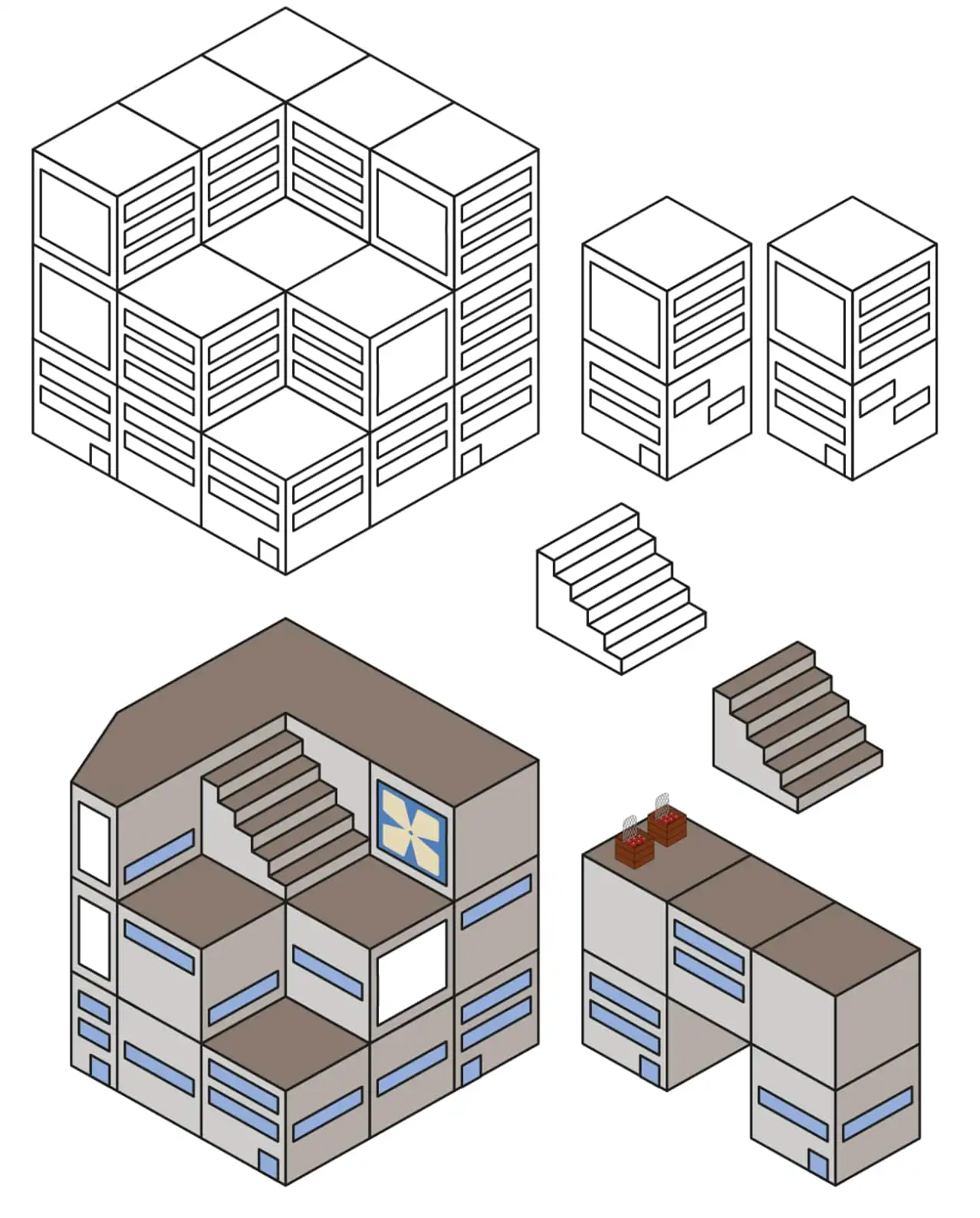 croquis d'un batiment en 3D isometrique