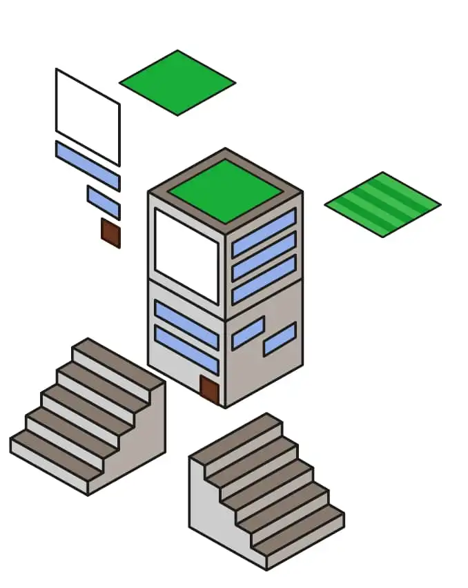 croquis d'éléments architecturaux en 3D isometrique