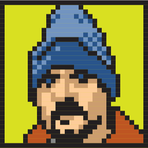Portrait de Jeffrey Zeldman en pixel art sur fond jaune